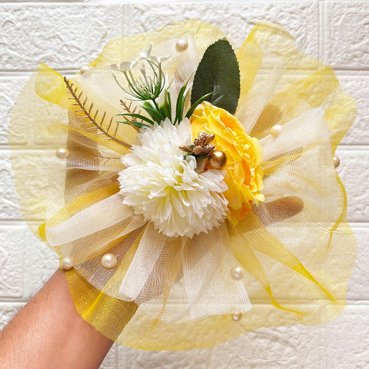 2 Flower Bunch with Yellow Net Fabric Pack of 4 | Ready-to-Use Trousseau &amp; Gift Packaging for Wedding &amp; Festive Décor