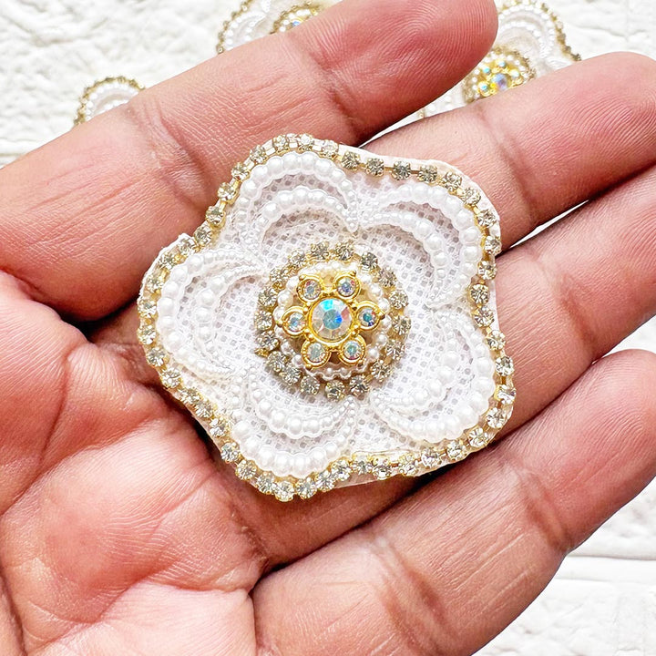 Round White Flower Shape Rhinestone Beaded Patch Pack of 10 | Festive, Diwali &amp; Home Decoration
