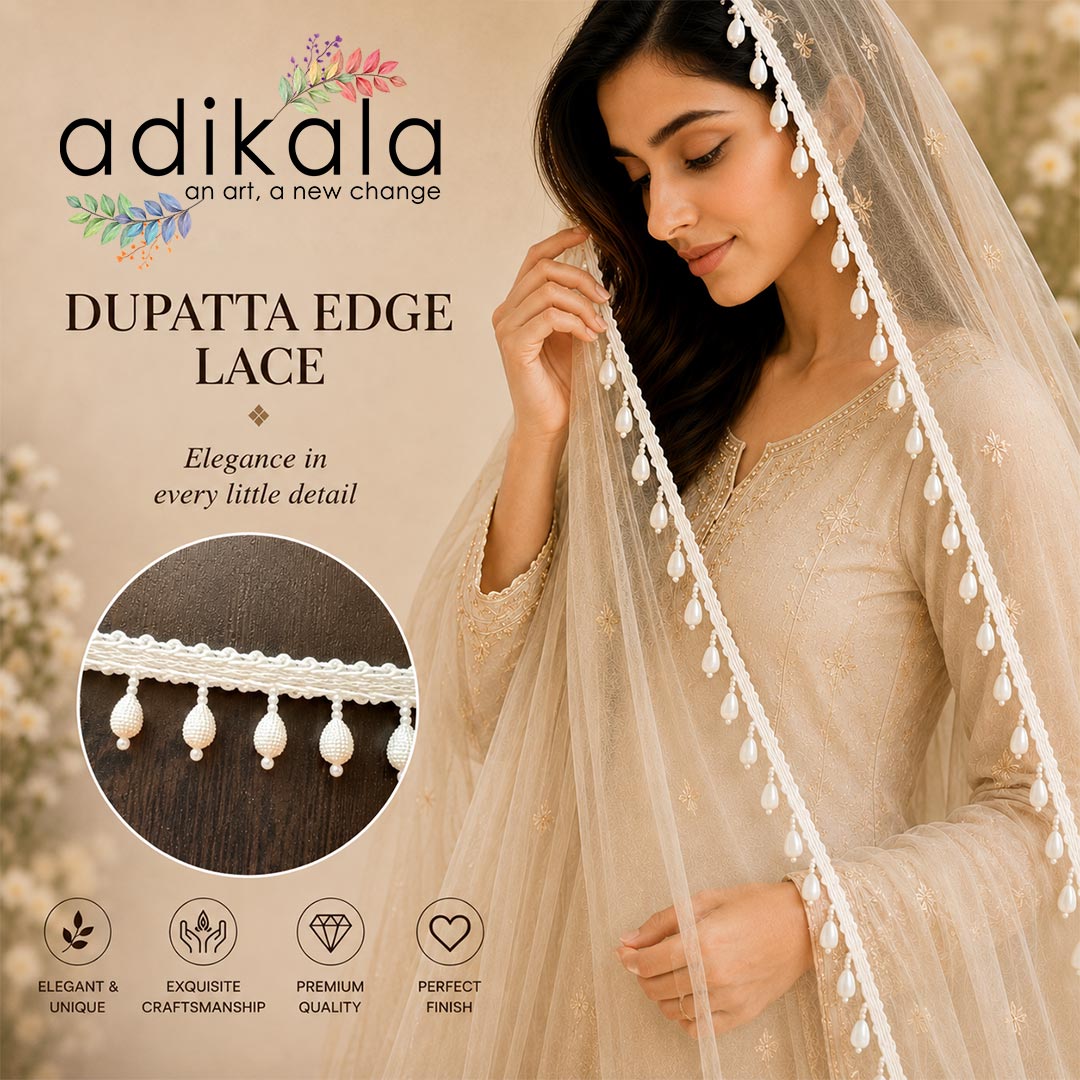 Cream Pearl Drop Bead Lace Border | Decorative Trim for Saree, Blouse, Dupatta, Lehenga &amp; DIY Craft Work