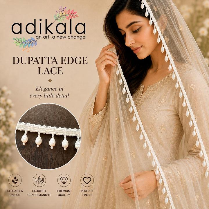 Cream Pearl Drop Bead Lace Border | Decorative Trim for Saree, Blouse, Dupatta, Lehenga &amp; DIY Craft Work