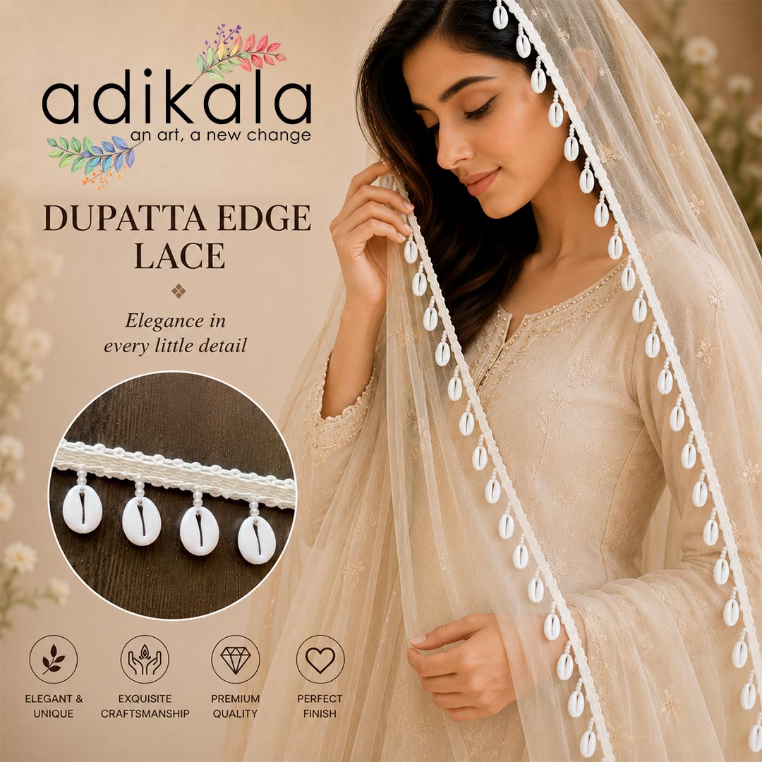 White Plastic Cowrie Shell Lace Border with White Pearl Beads Latkan | Decorative Trim for Blouse, Dupatta, Lehenga, Saree &amp; DIY Craft Work