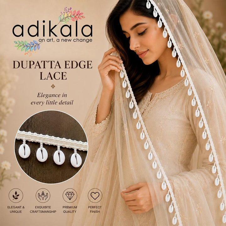 White Plastic Cowrie Shell Lace Border with White Pearl Beads Latkan | Decorative Trim for Blouse, Dupatta, Lehenga, Saree &amp; DIY Craft Work