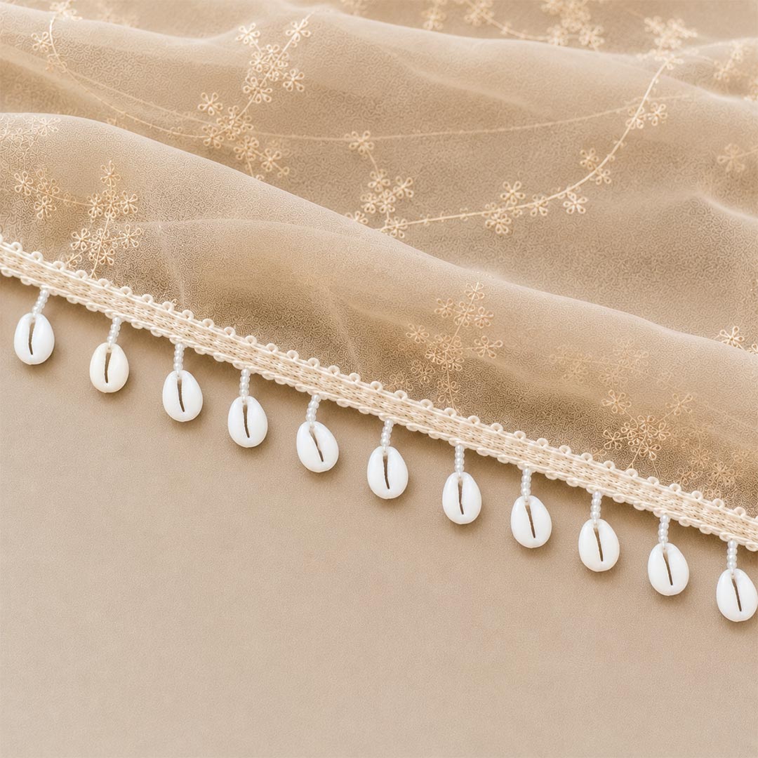 White Plastic Cowrie Shell Lace Border with White Pearl Beads Latkan | Decorative Trim for Blouse, Dupatta, Lehenga, Saree &amp; DIY Craft Work