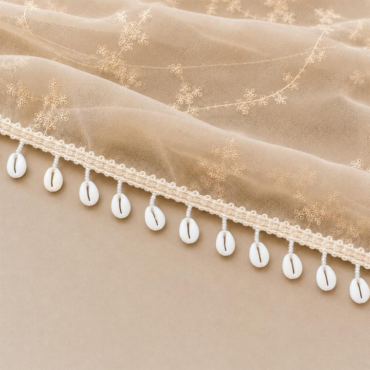 White Plastic Cowrie Shell Lace Border with White Pearl Beads Latkan | Decorative Trim for Blouse, Dupatta, Lehenga, Saree &amp; DIY Craft Work