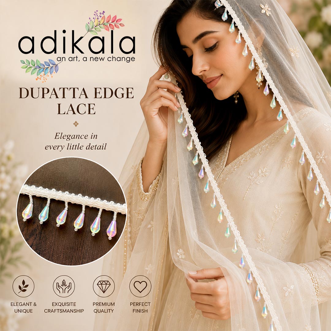 Clear Drop Bead Lace Border | Decorative Trim for Saree, Blouse, Dupatta, Lehenga &amp; DIY Craft Work