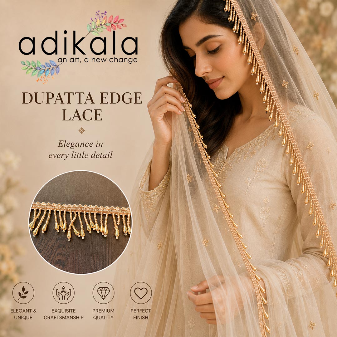 Rose Gold Drop Bead Lace Border | Decorative Trim for Saree, Blouse, Dupatta, Lehenga &amp; DIY Craft Work