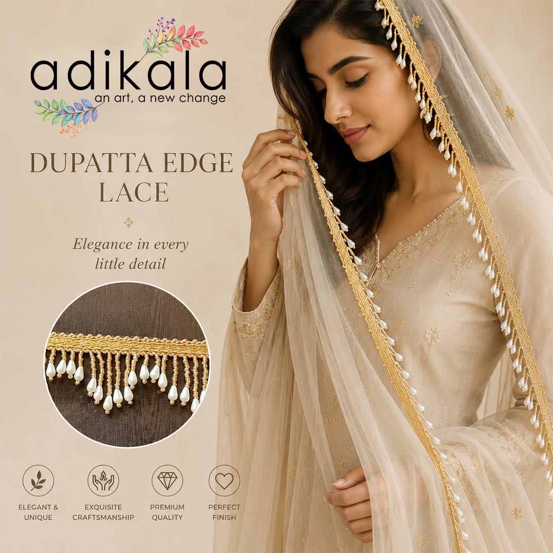 Cream Drop Bead Lace Border | Decorative Trim for Saree, Blouse, Dupatta, Lehenga &amp; DIY Craft Work