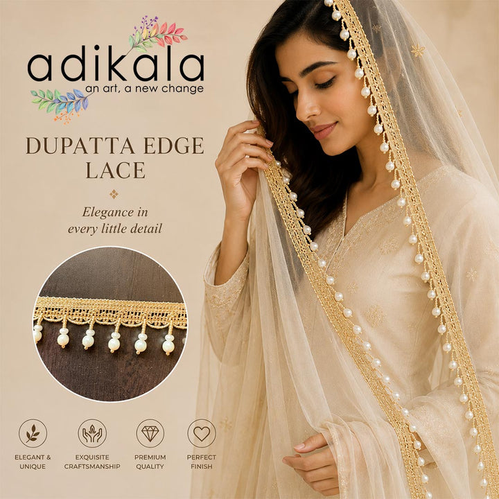 Cream Round Bead Lace Border | Decorative Trim for Saree, Blouse, Dupatta, Lehenga &amp; DIY Craft Work