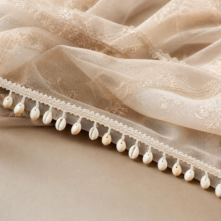 White Cowrie Shell Lace Border with White Pearl Beads Latkan | Decorative Trim for Blouse, Dupatta, Lehenga &amp; Craft Work | Adikala