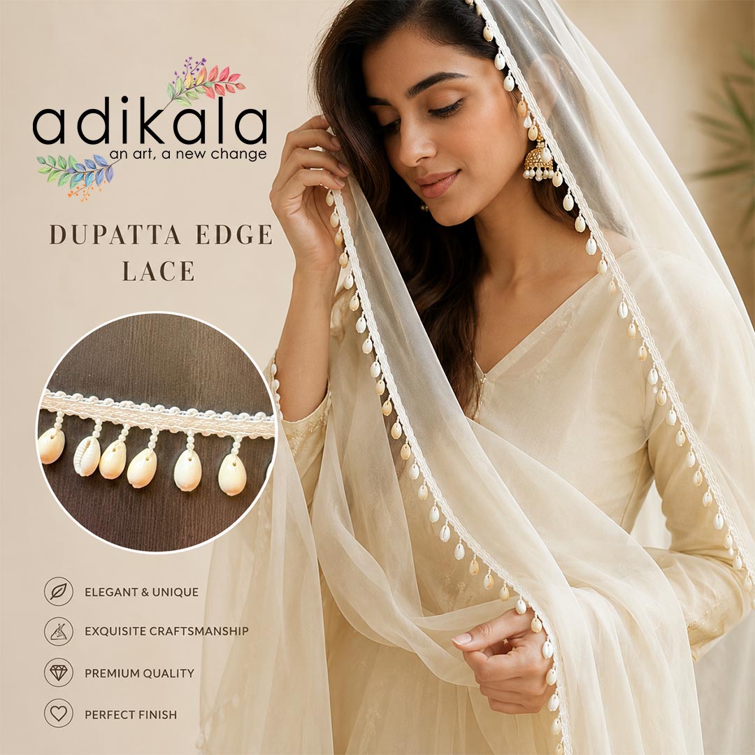 White Cowrie Shell Lace Border with White Pearl Beads Latkan | Decorative Trim for Blouse, Dupatta, Lehenga &amp; Craft Work | Adikala