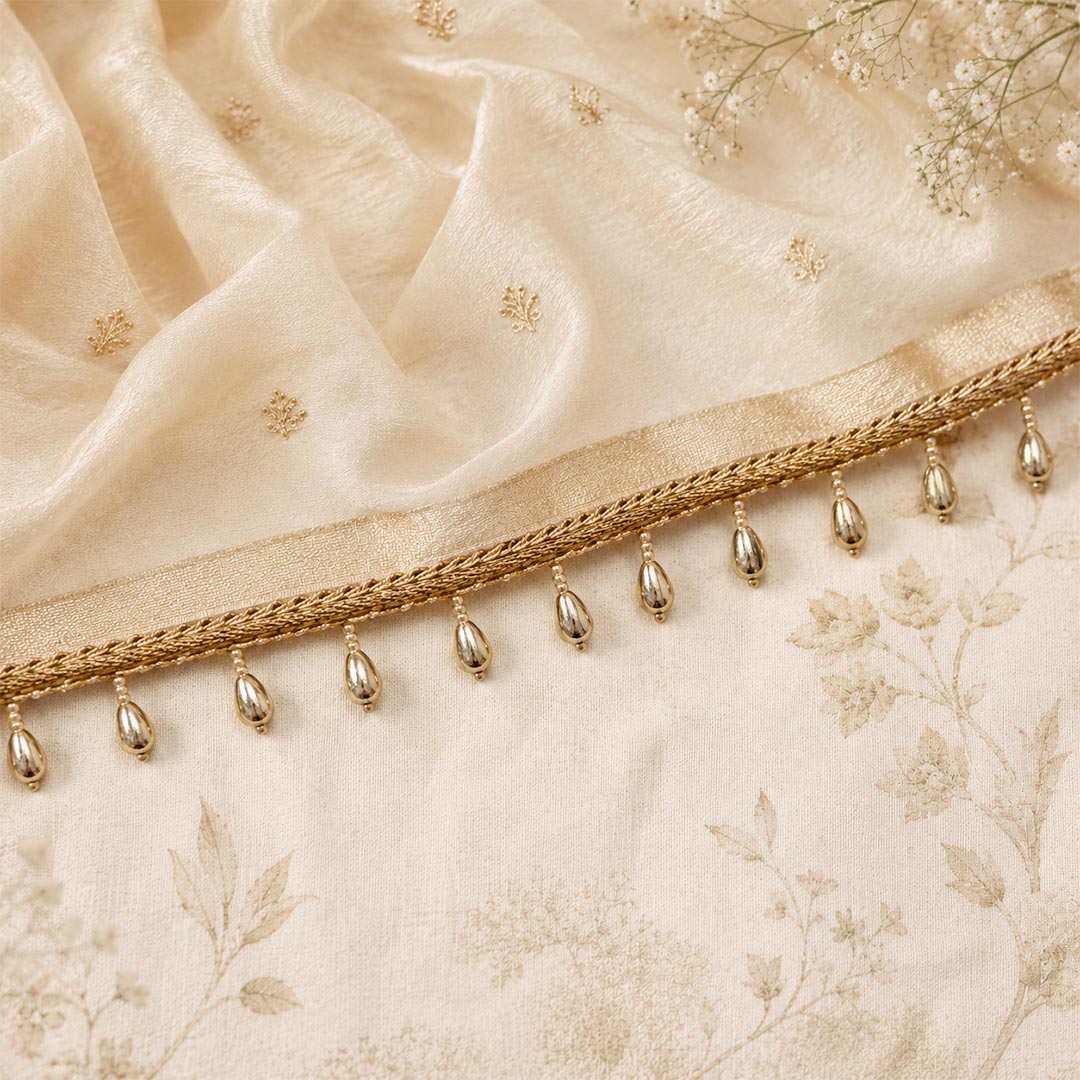Golden Drop Shape Bead Lace Border | Decorative Trim for Saree, Blouse, Dupatta, Lehenga &amp; DIY Craft Work