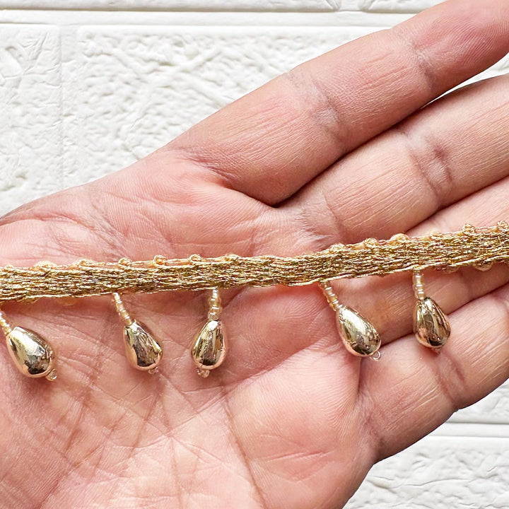 Golden Drop Shape Bead Lace Border | Decorative Trim for Saree, Blouse, Dupatta, Lehenga &amp; DIY Craft Work