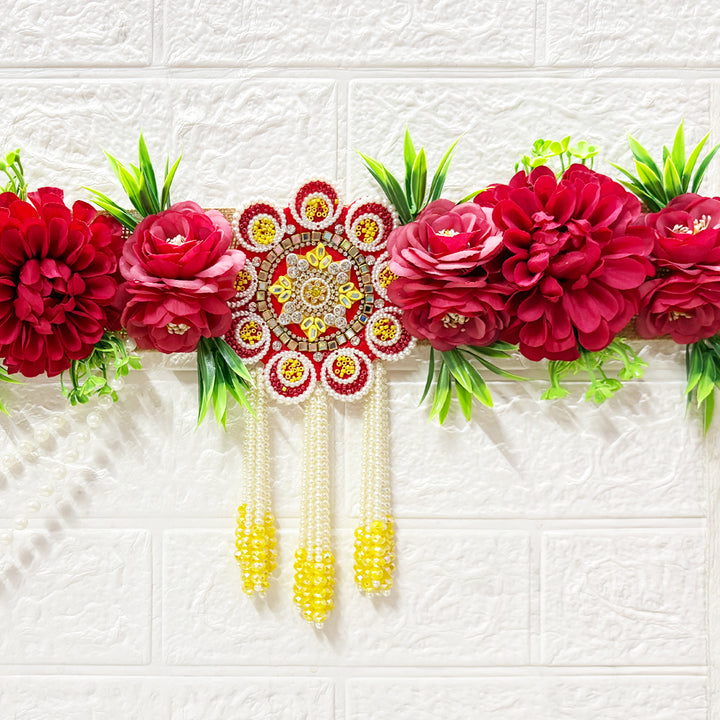 Red Floral with Hare ka sahara patch Toran 40 Inch Door Hanging | Bandanwar for Home Entrance &amp; Mandir Decoration