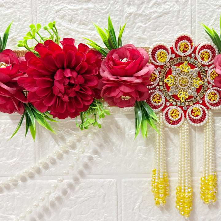 Red Floral with Hare ka sahara patch Toran 40 Inch Door Hanging | Bandanwar for Home Entrance &amp; Mandir Decoration