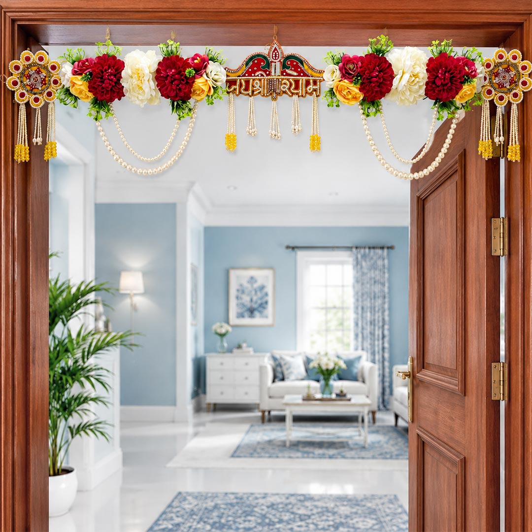 Red Floral with Jai Shri Shyam patch Toran 40 Inch Door Hanging | Bandanwar for Home Entrance &amp; Mandir Decoration
