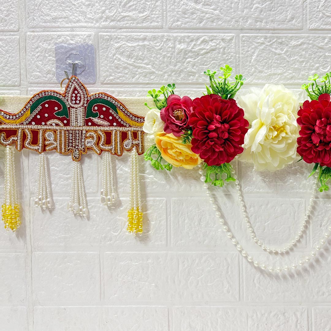 Red Floral with Jai Shri Shyam patch Toran 40 Inch Door Hanging | Bandanwar for Home Entrance &amp; Mandir Decoration