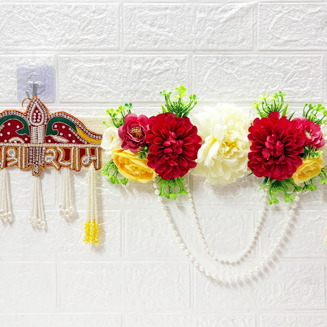 Red Floral with Jai Shri Shyam patch Toran 40 Inch Door Hanging | Bandanwar for Home Entrance &amp; Mandir Decoration