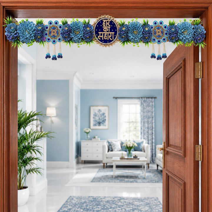 Blue Floral with Hare ka sahara patch Toran 40 Inch Door Hanging | Bandanwar for Home Entrance &amp; Mandir Decoration