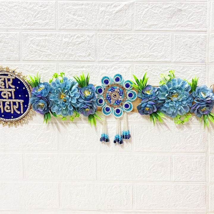 Blue Floral with Hare ka sahara patch Toran 40 Inch Door Hanging | Bandanwar for Home Entrance &amp; Mandir Decoration