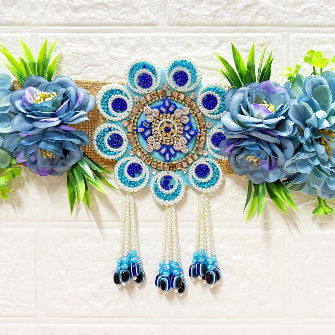 Blue Floral with Hare ka sahara patch Toran 40 Inch Door Hanging | Bandanwar for Home Entrance &amp; Mandir Decoration