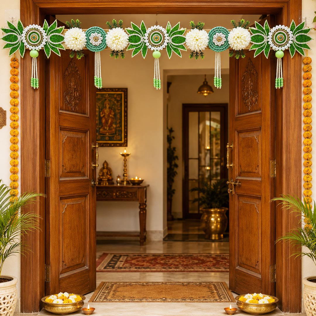 Green Lotus Patch Toran for Home &amp; Office Entrance | Mandir Decoration | Decorative Door Hanging Bandanwar