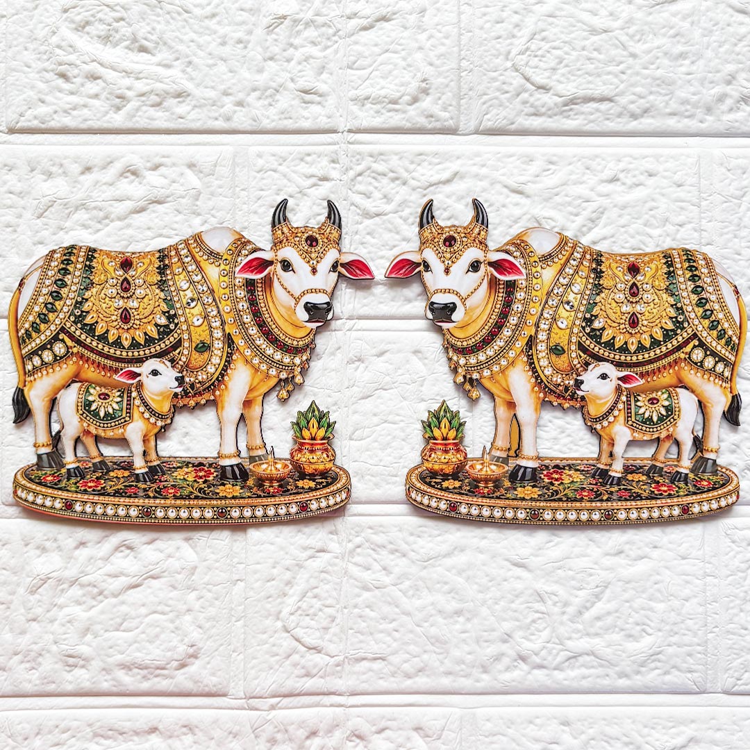 Kamdhenu cow with calf printed mdf Cutout Pack of 4 | DIY Decoration, Toran, Bandhanwar