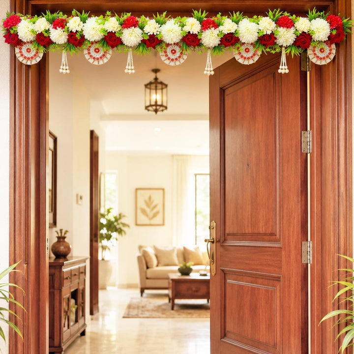 Red &amp; White floral Toran 40 Inch Door Hanging | Bandanwar for Home Entrance &amp; Mandir Decoration