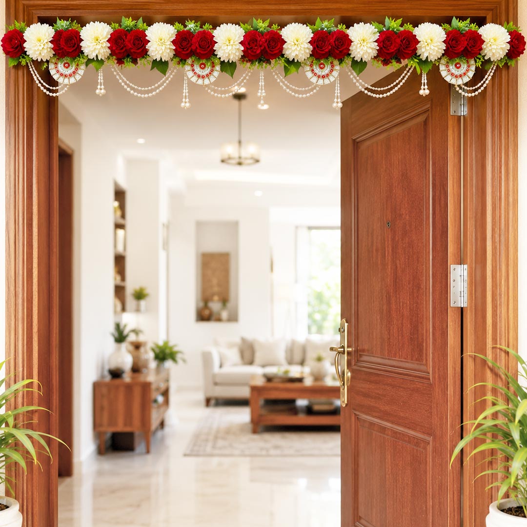 Red &amp; White Carnation flower Toran 40 Inch Door Hanging | Bandanwar for Home Entrance &amp; Mandir Decoration