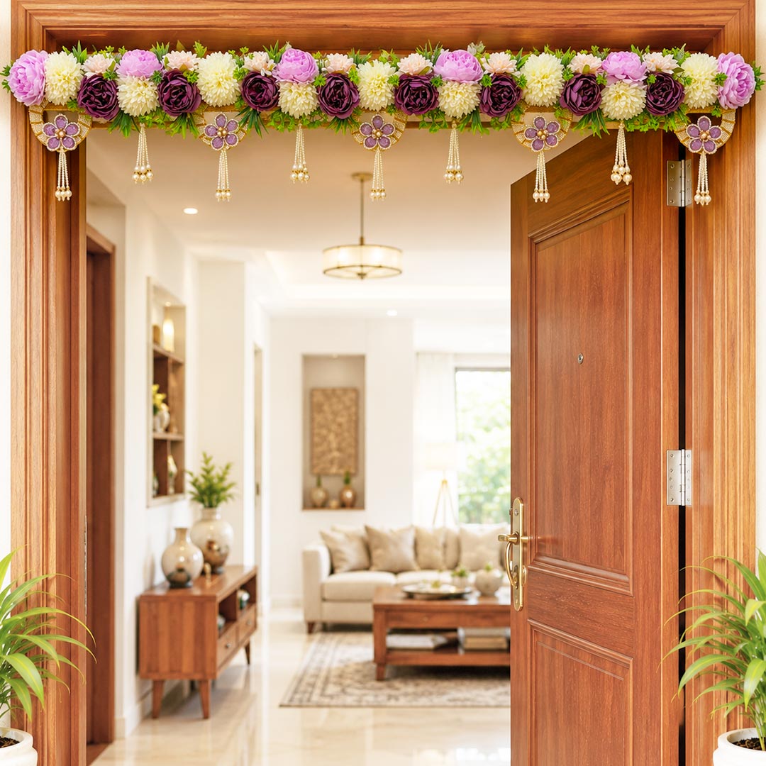 Purple floral Toran 40 Inch Door Hanging | Bandanwar for Home Entrance &amp; Mandir Decoration