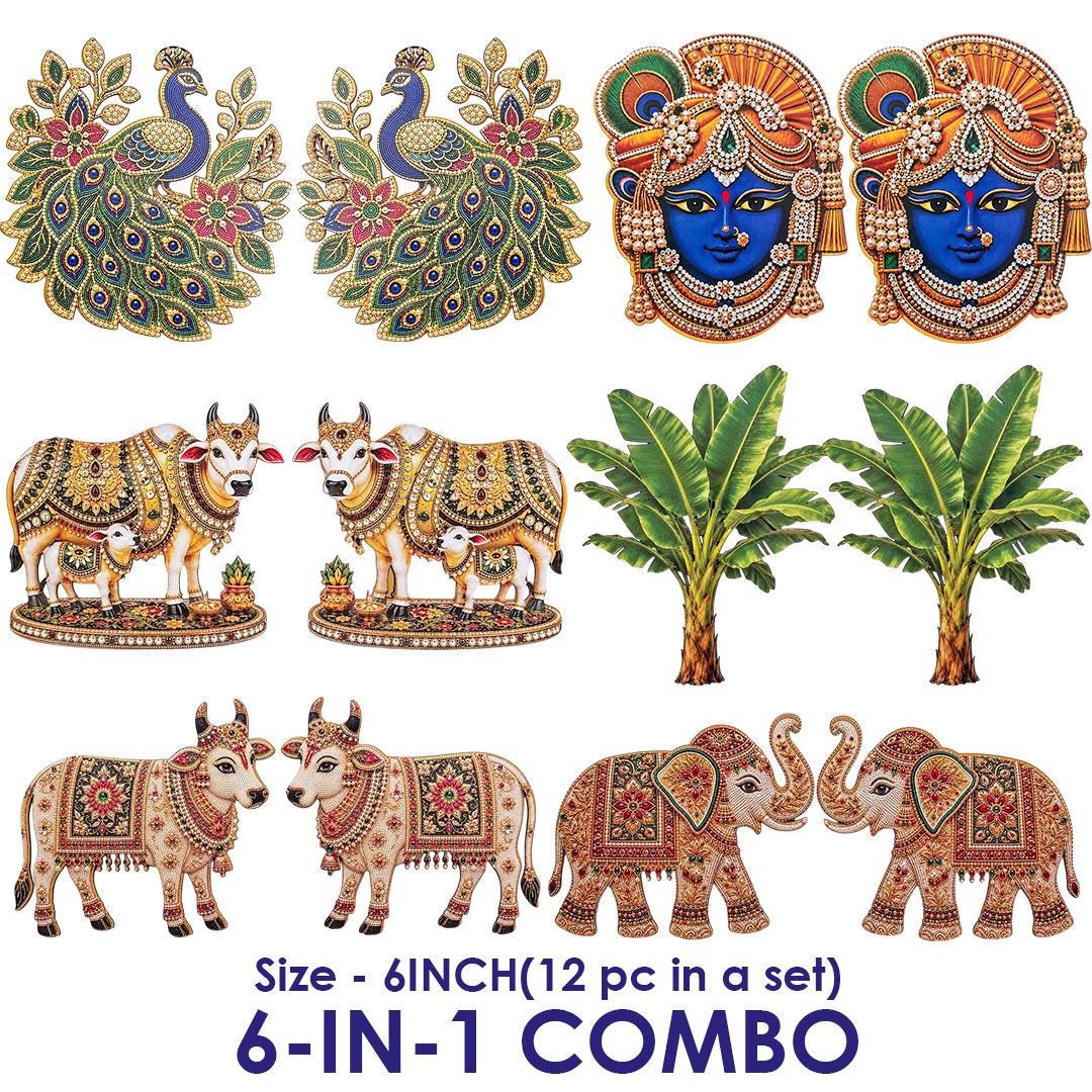 6-in-1 Combo Peacock, Krishna ji, Banana Tree, Kamdhenu cow calf &amp; Elephant printed mdf Cutout Pack of 12 | DIY Decoration