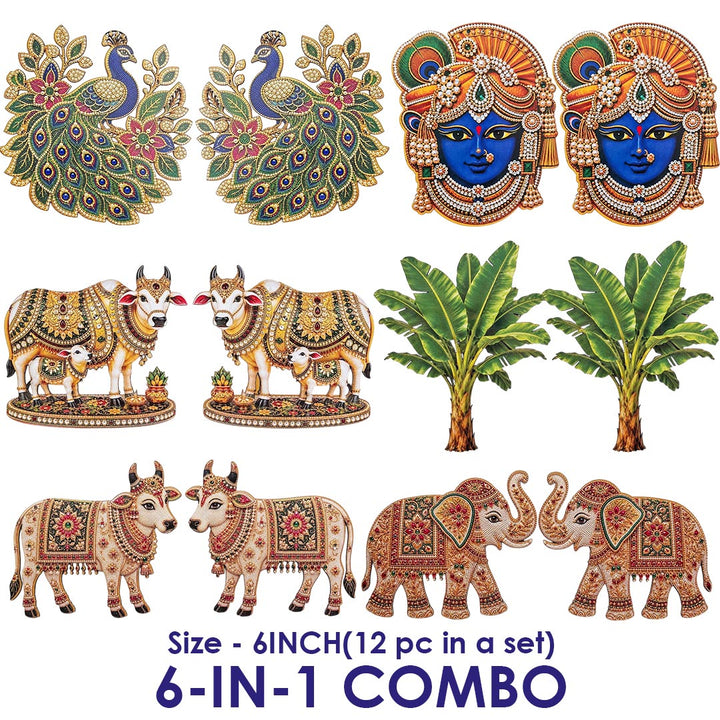 6-in-1 Combo Peacock, Krishna ji, Banana Tree, Kamdhenu cow calf &amp; Elephant printed mdf Cutout Pack of 12 | DIY Decoration