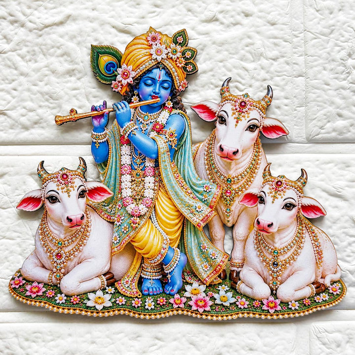Kanha ji with cow printed mdf Cutout Pack of 4 | DIY Decoration, Toran, Bandhanwar | size 6 inch