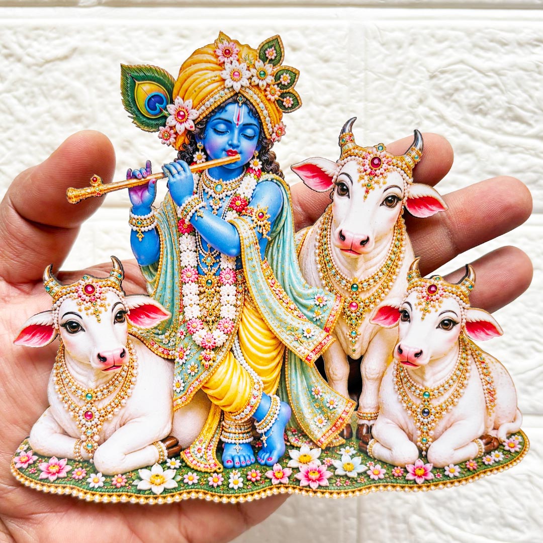 Kanha ji with cow printed mdf Cutout Pack of 4 | DIY Decoration, Toran, Bandhanwar | size 6 inch