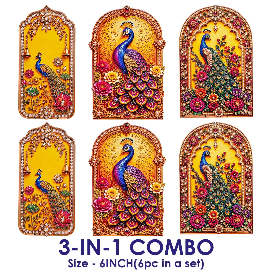 3-in-1 Peacock Jharokha printed mdf Cutout Pack of 6 | DIY Decoration, Toran, Bandhanwar | size 6 inch