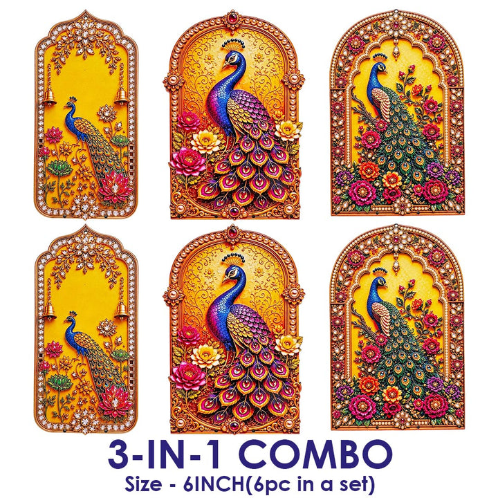 3-in-1 Peacock Jharokha printed mdf Cutout Pack of 6 | DIY Decoration, Toran, Bandhanwar | size 6 inch