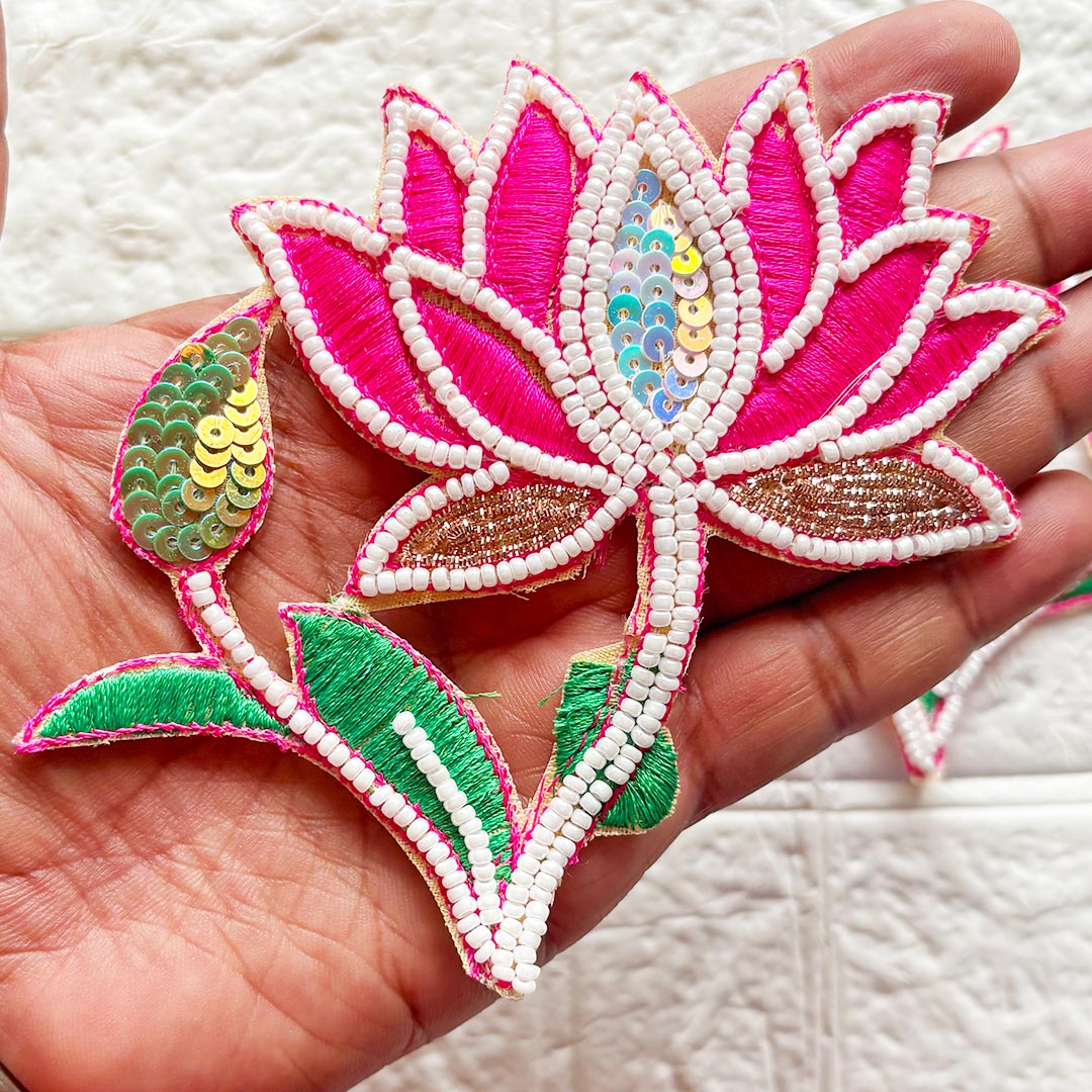 Lotus with Leaf Beaded Patch | Pack of 4 for Diwali Festive DIY Art &amp; Craft Work
