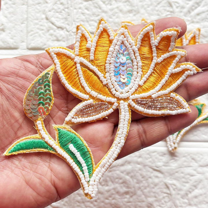 Lotus with Leaf Beaded Patch | Pack of 4 for Diwali Festive DIY Art &amp; Craft Work