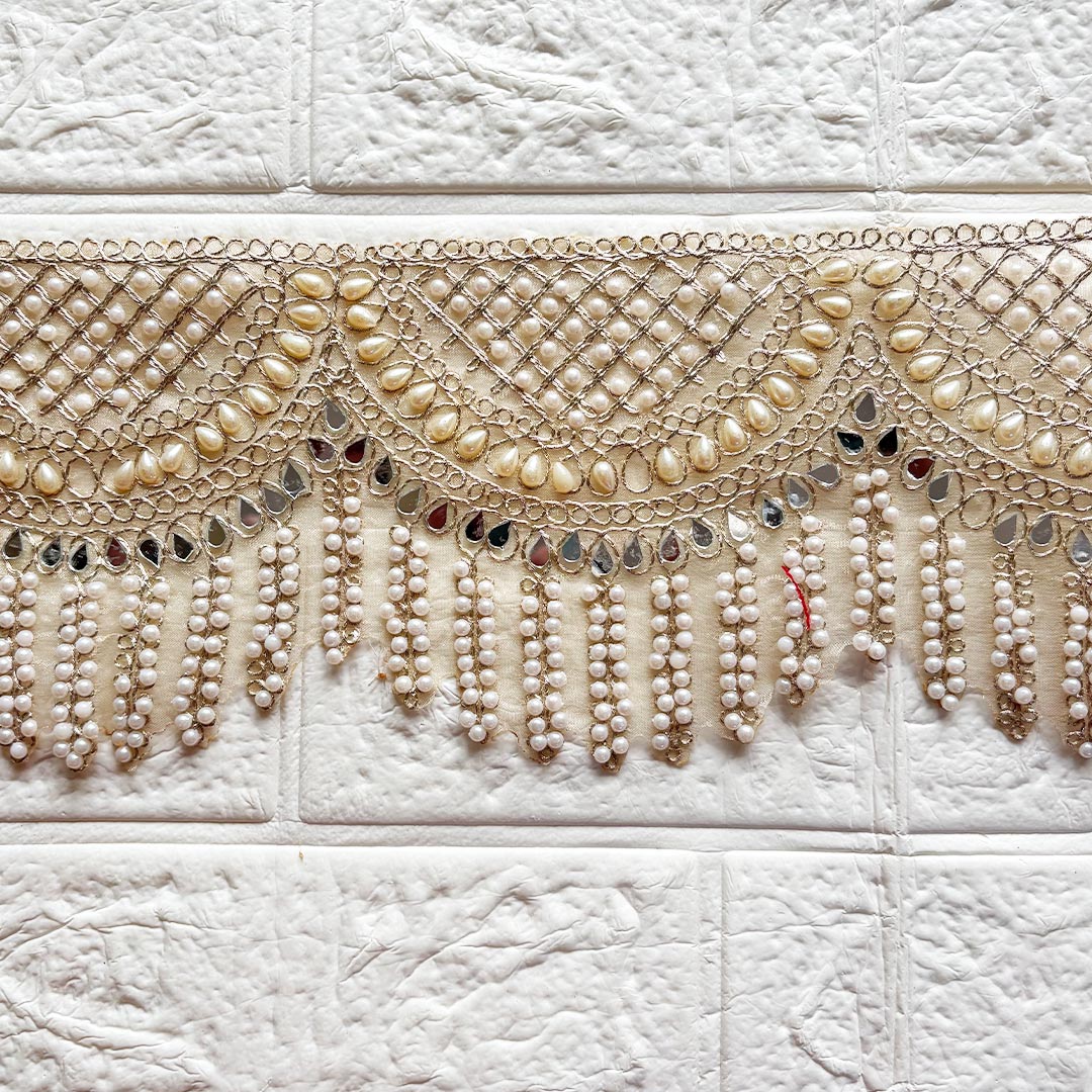 Mirror Bead Lace Wide Border | Decorative Trim for Saree, Blouse, Dupatta, Lehenga &amp; DIY Craft Work