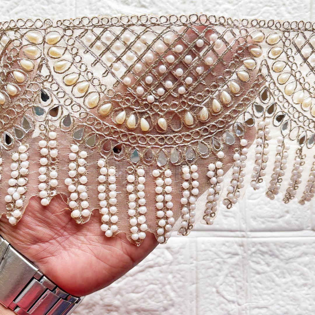 Mirror Bead Lace Wide Border | Decorative Trim for Saree, Blouse, Dupatta, Lehenga &amp; DIY Craft Work