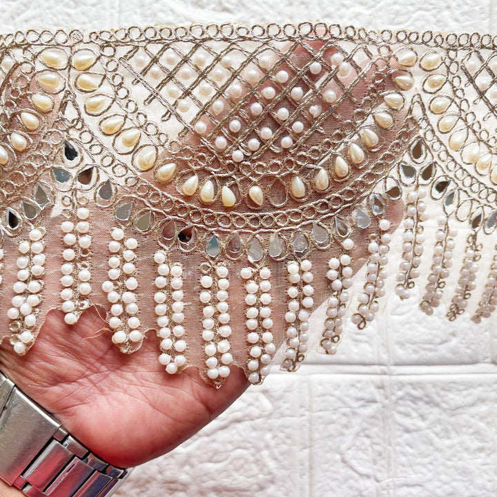Mirror Bead Lace Wide Border | Decorative Trim for Saree, Blouse, Dupatta, Lehenga &amp; DIY Craft Work