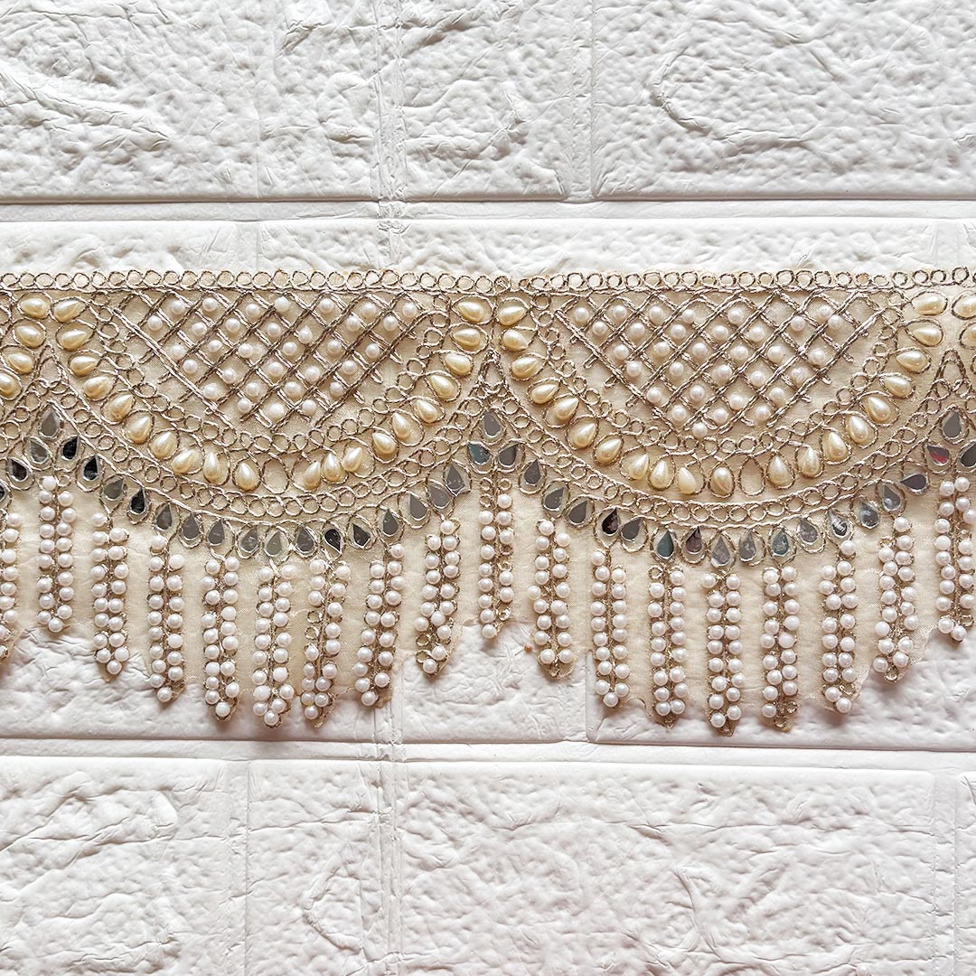 Mirror Bead Lace Wide Border | Decorative Trim for Saree, Blouse, Dupatta, Lehenga &amp; DIY Craft Work