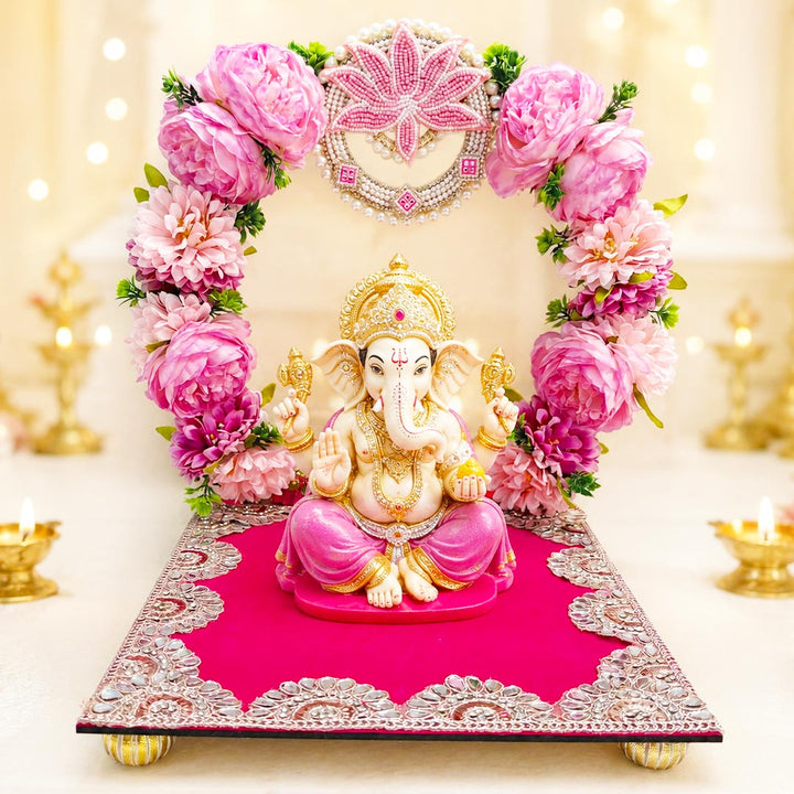Decorative Pink Floral Singhasan for Laddu Gopal &amp; Ganesh Ji for home mandir