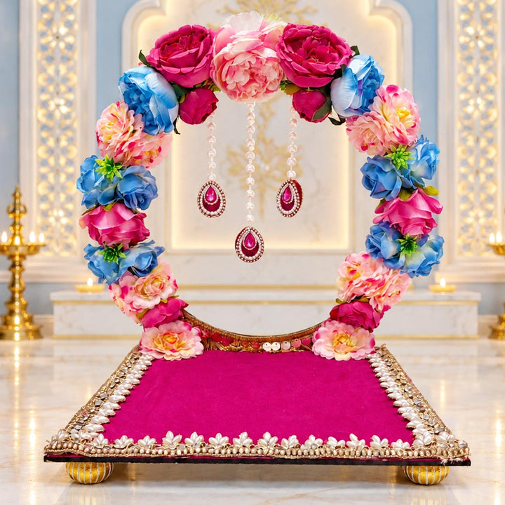 Decorative Pink &amp; Blue Floral Singhasan for home mandir | Diwali Dussehara