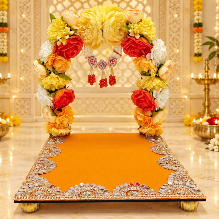 Decorative Yellow Floral Singhasan for home mandir | Diwali Dussehara