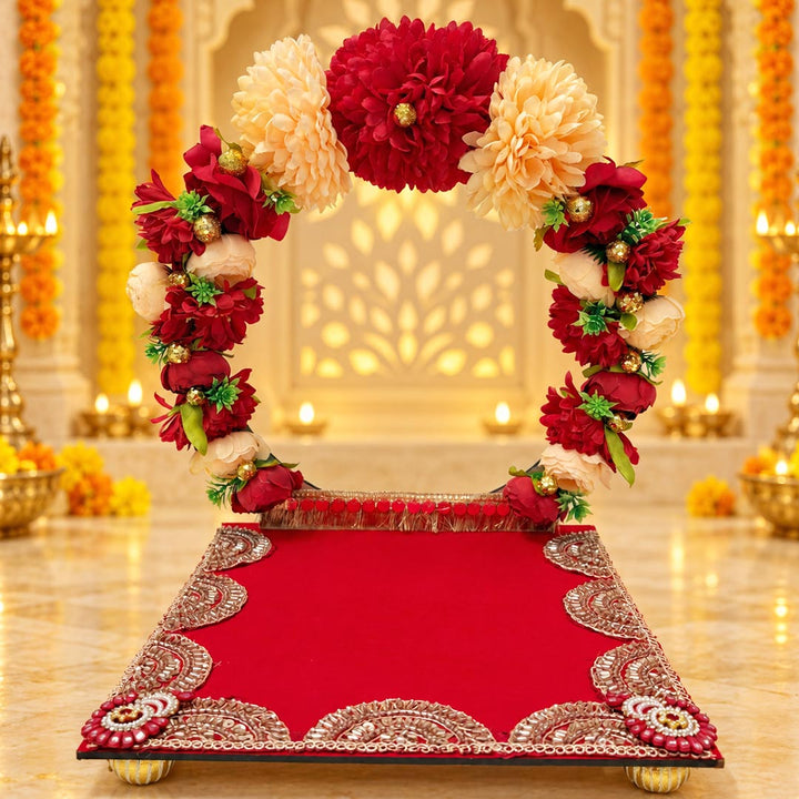 Decorative Red Floral Singhasan for home mandir | Diwali Dussehara