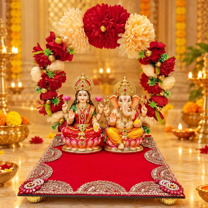 Decorative Red Floral Singhasan for home mandir | Diwali Dussehara