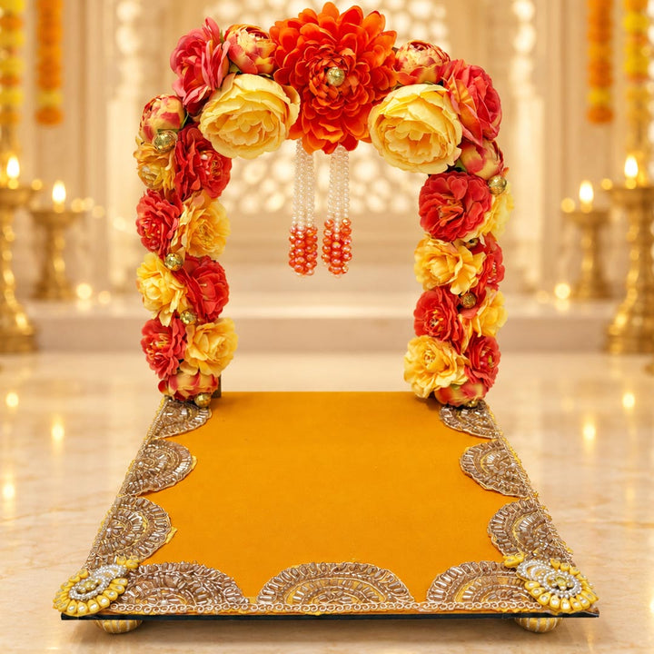 Decorative Orange Floral Singhasan for home mandir | Diwali Dussehara