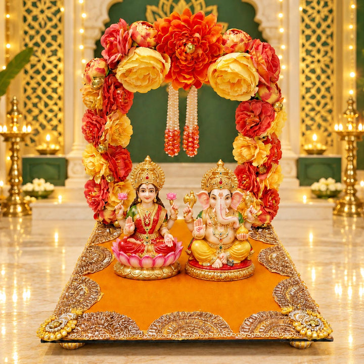 Decorative Orange Floral Singhasan for home mandir | Diwali Dussehara
