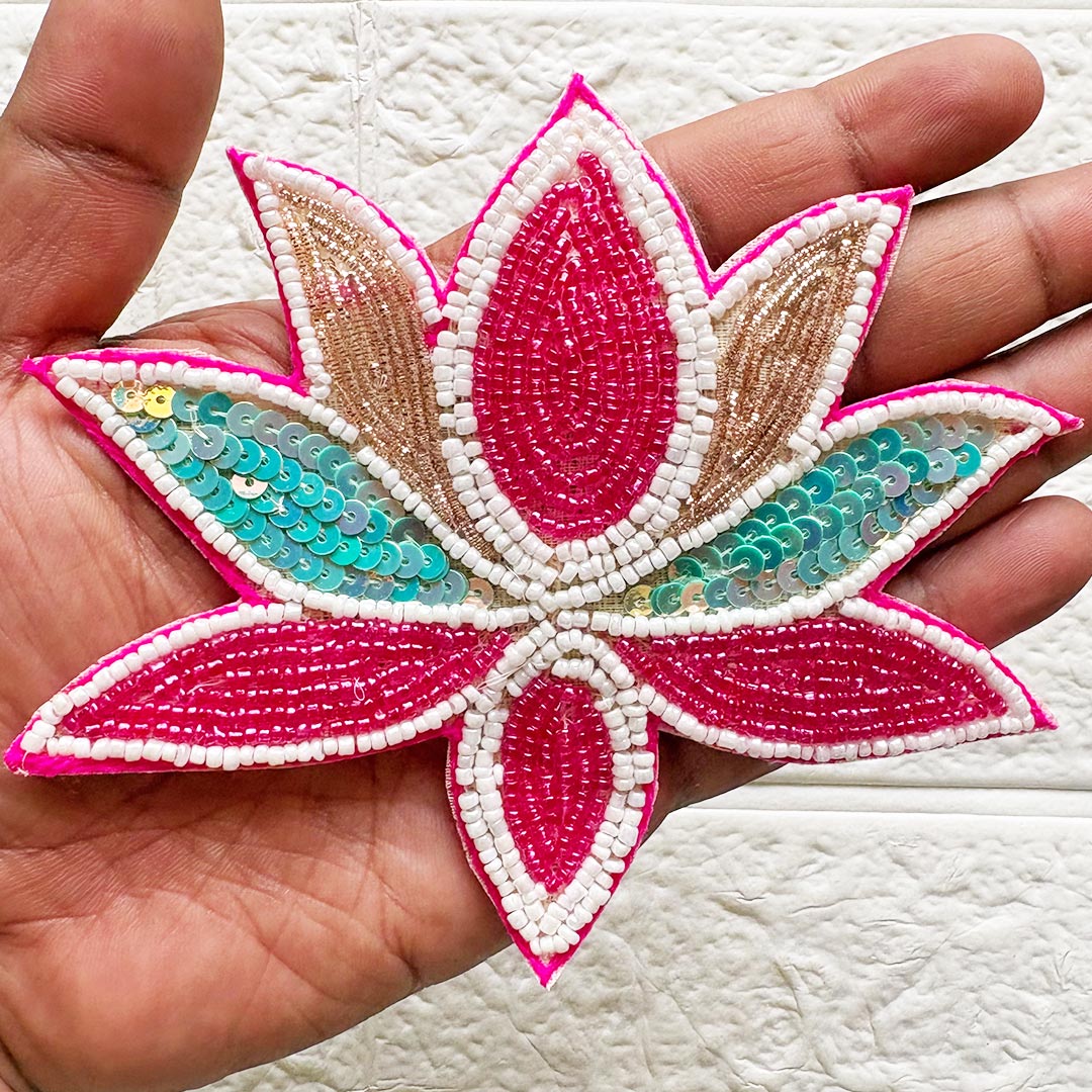 Beaded Sequins Lotus Patch 5 Inch | Pack of 10 for Diwali Festive DIY Art &amp; Craft Work
