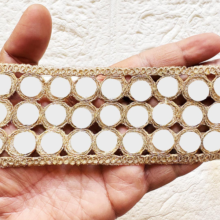 Round Mirror Golden Lace for Fancy Suit, Decorative Saree and Dupatta, Luxury Lehnga